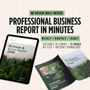 May include: A digital tablet and two open reports with the text "Business & Brand Report 2040". The reports are green and white with a forest image. Text on the image reads "Professional Business Report in Minutes".