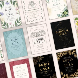 以下が含まれることがあります： さまざまなデザインの結婚式の招待状のコレクション。花柄のアレンジメントやエレガントなタイポグラフィが特徴のカードもあります。色は白、黒、金、青とピンクの色合いが含まれます。カードには名前と日付が表示されます。