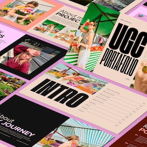 May include: A collection of design layouts with photos and text. The layouts feature the words "UGC PORTAFOLIO", "INTRO", "About my PROJECTS", and "About MY JOURNEY". The color scheme includes pink, black, and white.