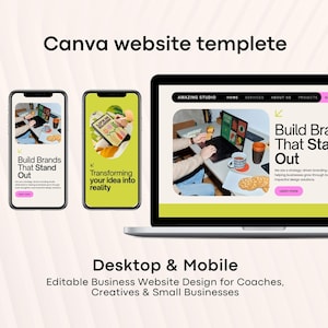 Pode incluir: Um laptop e três smartphones exibem um modelo de site. A tela do laptop mostra um design de site com o texto "Build Brands That Stand Out". Os telefones mostram diferentes layouts de sites. A imagem inclui o texto "Canva website template".