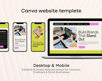 Peut inclure: Une maquette de site web est affichée sur un ordinateur portable et trois smartphones. L'écran de l'ordinateur portable affiche une conception de site web avec le texte "Build Brands That Stand Out". Les téléphones montrent différentes mises en page.