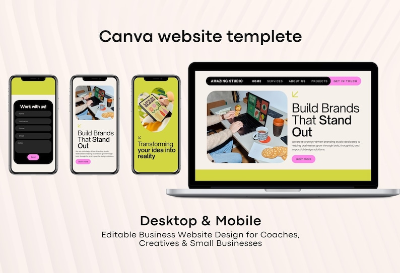 May include: A laptop and three smartphones display a website template. The laptop screen shows a website design with the text "Build Brands That Stand Out." The phones show different website layouts. The image includes the text "Canva website template."