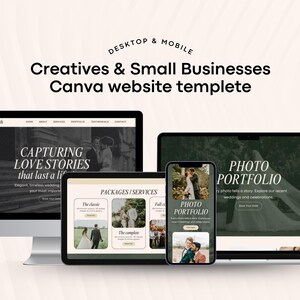 May include: A mockup of a website template for creatives and small businesses, displayed on a desktop computer, laptop, tablet, and smartphone. The website showcases wedding photography with the text "CAPTURING LOVE STORIES" and "PHOTO PORTFOLIO".