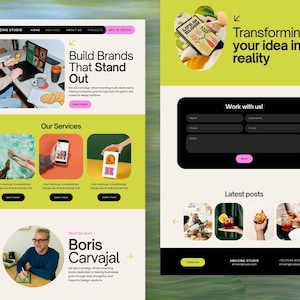 May include: A website design featuring a light green and white color scheme. The site includes sections with the text "Build Brands That Stand Out", "Our Services", and "Transforming your idea into reality". A contact form and latest posts are also displayed.