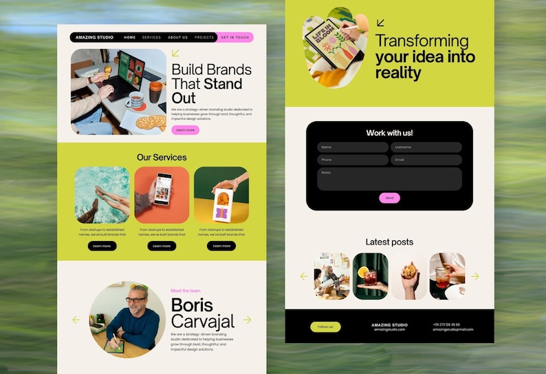 May include: A website design featuring a light green and white color scheme. The site includes sections with the text "Build Brands That Stand Out", "Our Services", and "Transforming your idea into reality". A contact form and latest posts are also displayed.