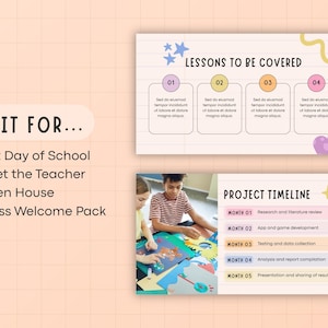 May include: A presentation slide with the text "Lessons to be Covered" and "Project Timeline". The slide includes images of children working on a project. The text "Use it for..." is also displayed.