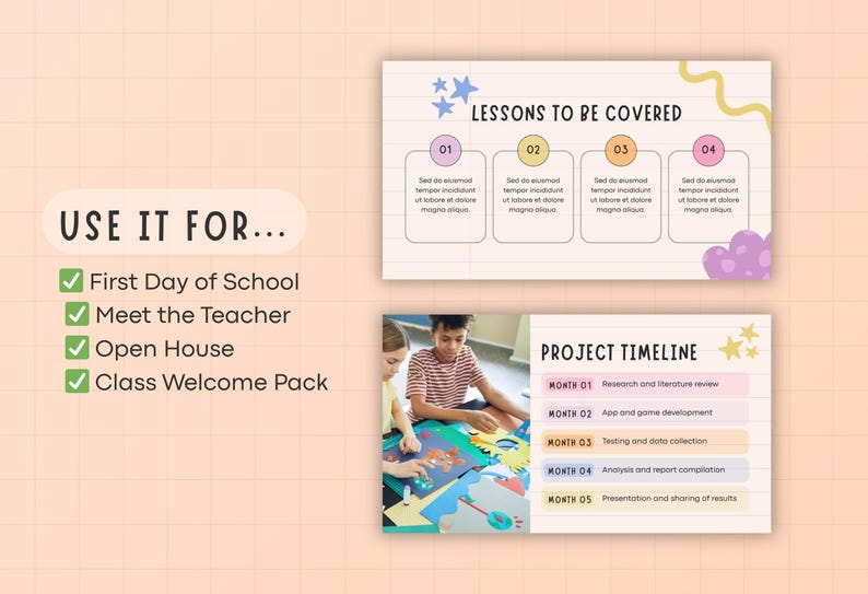 May include: A presentation slide with the text "Lessons to be Covered" and "Project Timeline". The slide includes images of children working on a project. The text "Use it for..." is also displayed.