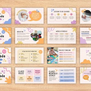 May include: A collection of colorful educational presentation slides for 6th grade, featuring text and graphics. The slides cover topics like welcome messages, class rules, and project timelines, with a cheerful and inviting design.