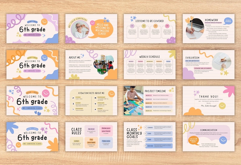 May include: A collection of colorful educational presentation slides for 6th grade, featuring text and graphics. The slides cover topics like welcome messages, class rules, and project timelines, with a cheerful and inviting design.