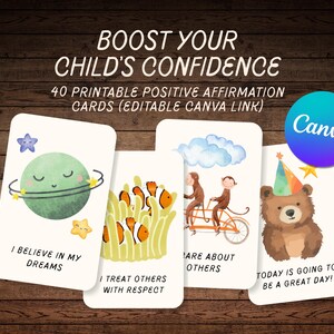 May include: A set of four printable positive affirmation cards with illustrations and text. The cards feature a smiling planet, clownfish, monkeys on a bicycle, and a bear. Text includes "Boost Your Child's Confidence" and "I believe in my dreams."