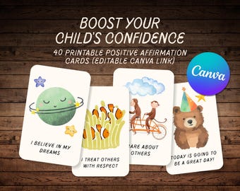 Kids Affirmation Cards: 40 Watercolor Lunchbox Notes (PDF) Canva Template