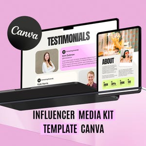 Könnte beinhalten: Ein schwarzer Laptop und ein Tablet zeigen eine Canva-Vorlage für ein Influencer-Medienkit. Der Laptop-Bildschirm zeigt "Testimonials" mit Fotos und Namen. Das Tablet zeigt "About" mit Statistiken. Der Hintergrund ist hellrosa.