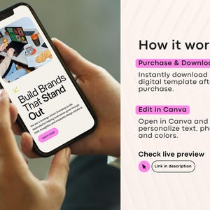 May include: A smartphone displays a webpage with the text "Build Brands That Stand Out." The phone is held in a person's hands. The webpage includes a laptop, coffee cup, and food. The image also shows the text "How it works."