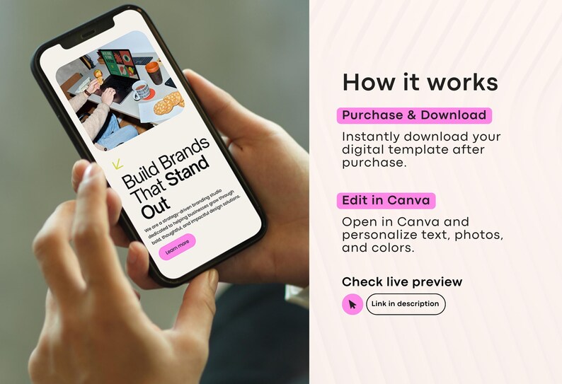 May include: A smartphone displays a webpage with the text "Build Brands That Stand Out." The phone is held in a person's hands. The webpage includes a laptop, coffee cup, and food. The image also shows the text "How it works."
