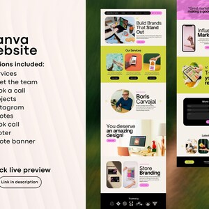 May include: A website design showcasing a Canva website with sections for services, team, calls, projects, Instagram, quotes, and a footer. The design includes the text "Build Brands That Stand Out" and "Influencer Marketing."