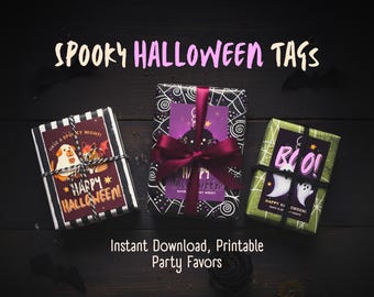 May include: Three wrapped Halloween party favors with decorative tags. The tags read "Spooky Halloween Tags", "Happy Halloween!", and "Boo!". The favors are tied with twine and ribbon. The image also includes the text "Instant Download, Printable Party Favors".