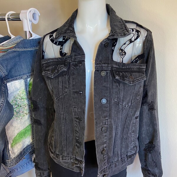 Reimagined gray denim jacket with snake pattern