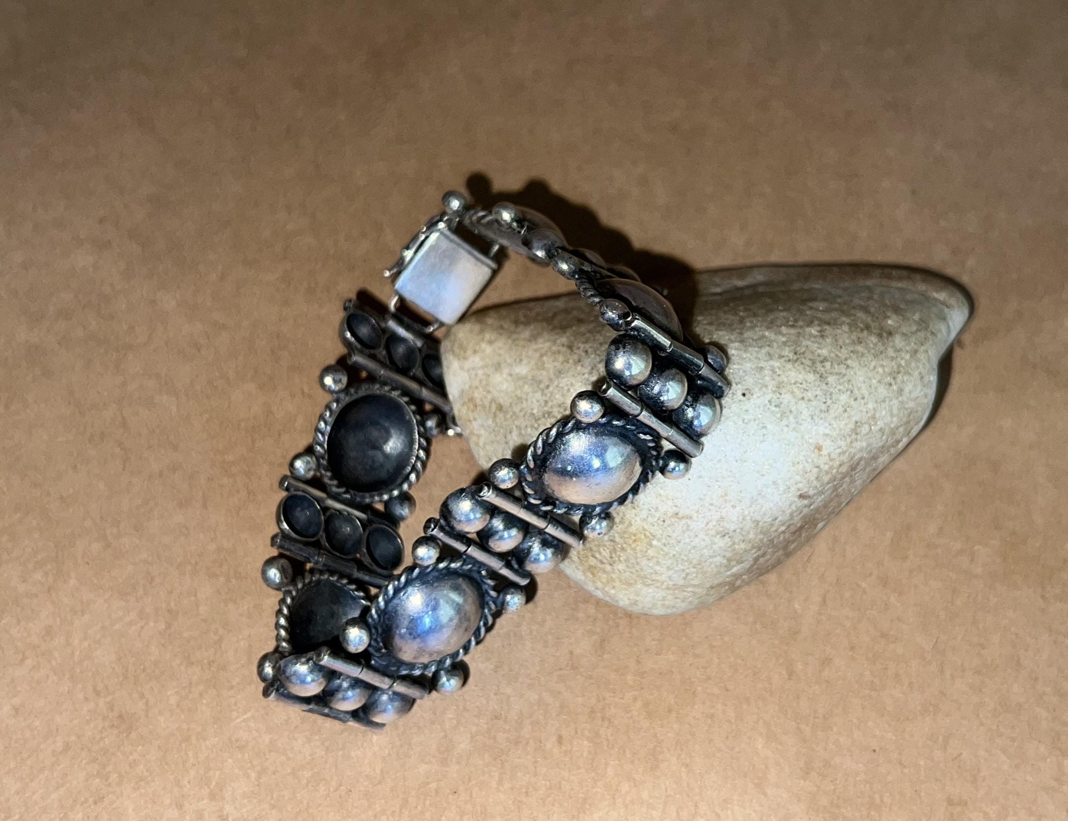 Vintage メキシコ シルバー ターコイズ DNA リンク ブレスレット