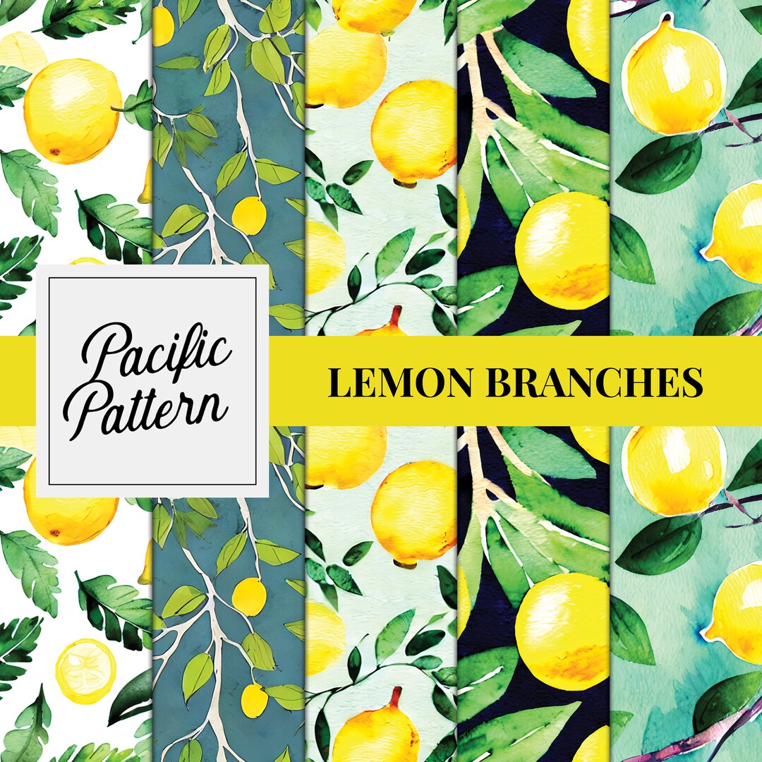 Lemon Branches Watercolor Seamless Pattern Set of 5, Lemon Digital ...