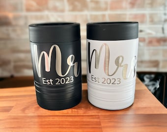 4-in-1 Engraved Can Cooler, Personalized Mr. and Mrs. Laser Engraved, Gift Set