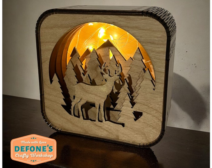 Featured listing image: Personalized Wooden Lantern Deer Forest Scene| Laser Cut | Rustic Lantern | Perfect Birthday | Housewarming | Outdoor Gift | FAST SHIPPING