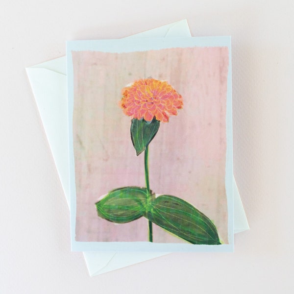 Blank Card with Envelope, Zinnia Note Cards, Floral Art Print Coral and Green, Cheerful Art, Botanical Prints and Cards, Orange Wall Art