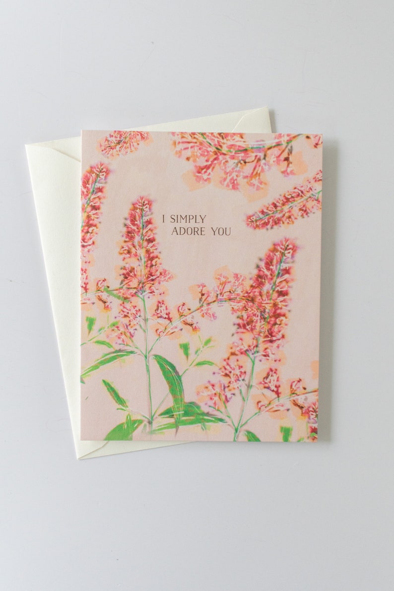 Illustrated Greeting Card, Love Cards For Her, I Simply Adore You Note Card with Envelope, Butterfly Bush Art, I Love You Blank Note Card image 1