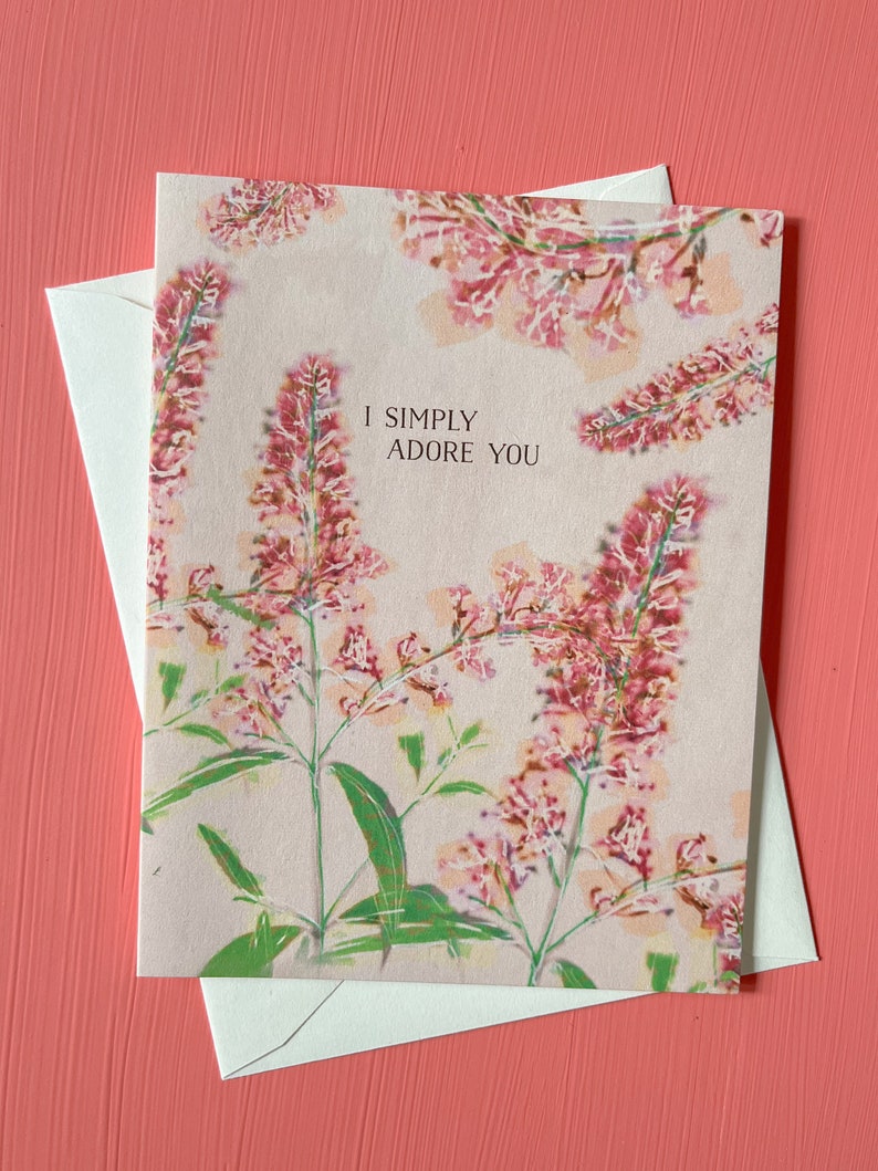 Illustrated Greeting Card, Love Cards For Her, I Simply Adore You Note Card with Envelope, Butterfly Bush Art, I Love You Blank Note Card image 5