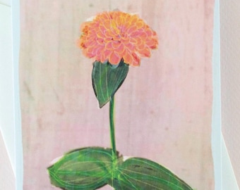 Carte vierge avec enveloppe, cartes de correspondance Zinnia, impression d'art floral corail et vert, art joyeux, impressions botaniques et cartes, art mural orange