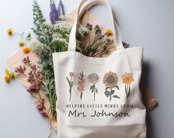 Personalized Helping Little Minds Grow Teacher Tote Bag for Mothers Day Gift Teacher Back to School Tote Bag, Teacher appreciation Tote Bag
