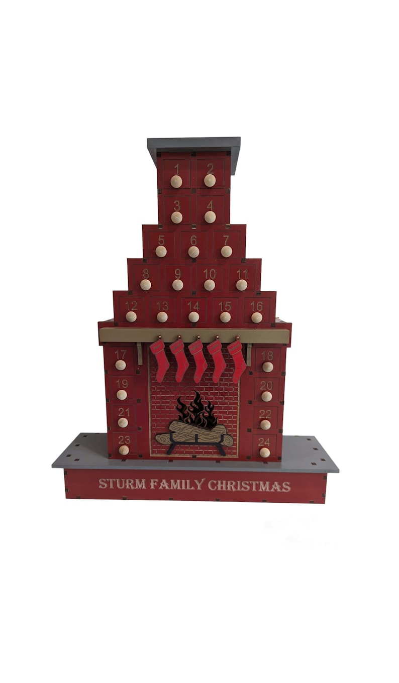 Wooden handmade red fireplace advent calendar, personalized advent calendar, chimney advent calendar with personalized detail