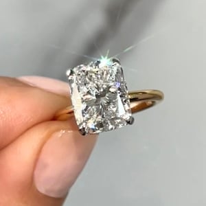 4 Carat Elongated Cushion Lab Grown Diamond Engagement Ring / Hidden Halo / Solid 14K Gold or Platinum / Unique Two Tone Band / Custom Ring