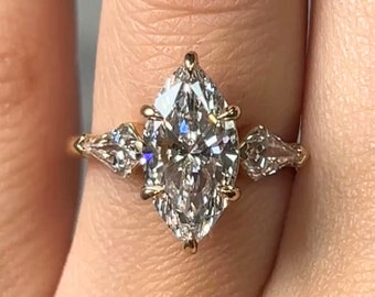 2.40 Carat Marquise Cut Lab Grown Diamond Three Stone Engagement Ring / Solid 14K Gold or Platinum / Unique Art Deco Design / Custom Made