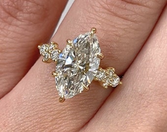 2.75 Carat Marquise Cut Lab Grown Diamond Three Stone Engagement Ring / Solid 14K Gold or Platinum / Unique Whimsical Fairy Cluster Ring
