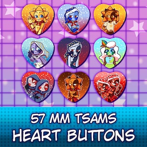May include: A selection of heart-shaped badges with cartoon sun and moon characters in various colours. The badges are 57 mm in diameter. Text at the bottom reads "57 MM TSAMS HEART BUTTONS".