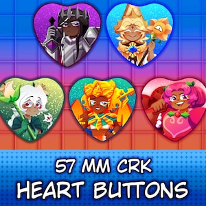 May include: Set of five heart-shaped buttons featuring colorful character illustrations. Each button showcases a different character design with vibrant colors and details. The buttons are 57 mm in diameter and have the text "57 MM CRK HEART BUTTONS".