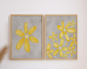 Yellow Flower Digital Oil Painting Art Set of 2, Printable Wall Art, Warm Gray and Yellow Print, Minimalist Neutral Print, Modern Floral Art