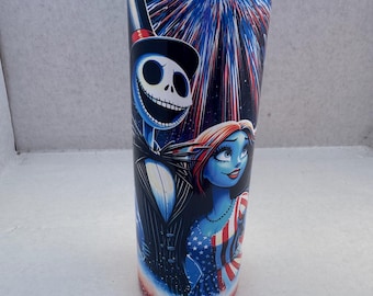 4th of July Jack and Sally tumbler Patriotic Nightmare Before Christmas tumbler 20 ounce stainless sublimation tumbler