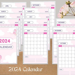 Pastel Pink Cute Illustrative 2024 With Notes Calendar A4 PDF 2024 ...