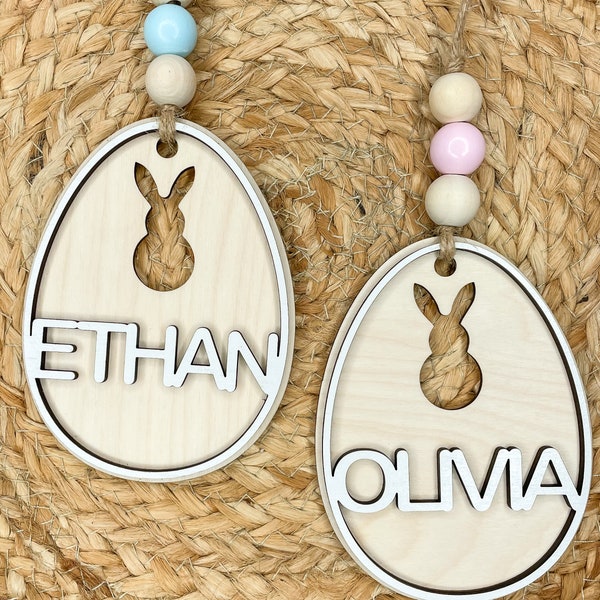 Wood Easter Egg Basket Tag with Name for Boys and Girls, Personalized Easter Basket Label, Handmade Easter Gift for Children, Place Setting