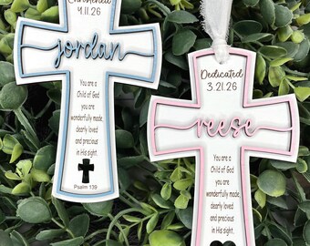 Christening Gift for Baby Boys and Girls, Personalized Hanging Cross for Baptism, Communion, Dedication or Holy Communion with Name and Date