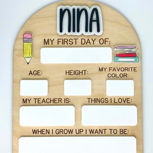 Personalized First Day of School Sign, Custom Wood Dry Erase Fill in Blank Board with Childrens Names, Reusable Photo Prop for Kids