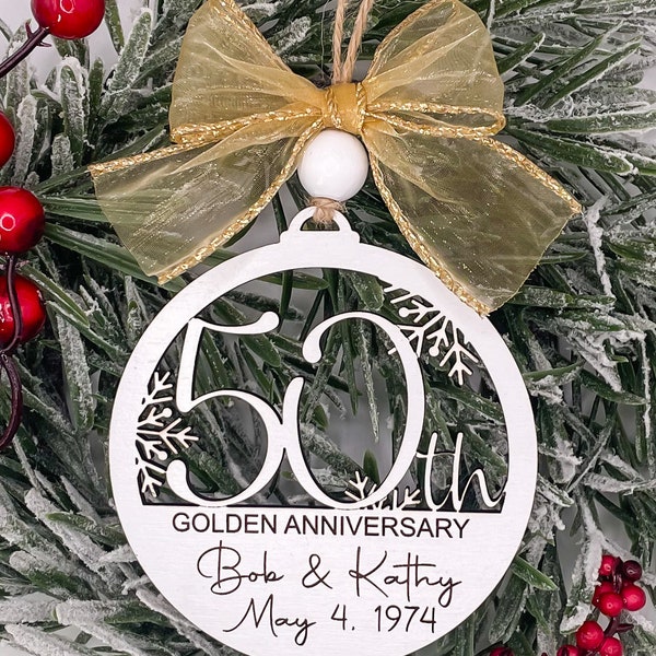 Personalized 50th Anniversary Ornament with Bow, Golden Anniversary Gift for Parents, Grandparents and Couples, Wood Christmas Tree Decor