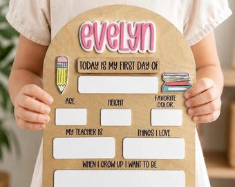 Personalized First Day of School Sign, Custom Wood Dry Erase Fill in Blank Board with Childrens Names, Reusable Photo Prop for Kids