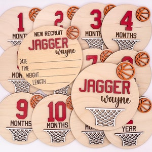 Baby Basketball Wood Milestone Marker Discs, Hospital Announcement Photo Prop Sign with Name and Birth Stats, Personalized Baby Shower Gift