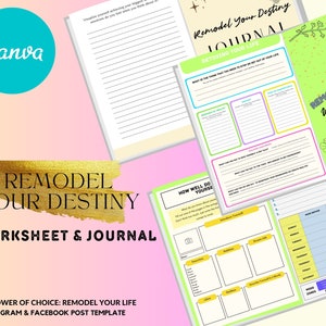 Peut inclure: Une feuille de travail et un journal imprimables numériques avec le texte "Remodel Your Destiny" en lettres dorées sur un fond rose et orange. La feuille de travail et le journal sont conçus pour aider les gens à détoxifier leur vie et à remodeler leur destin. Le texte "The Power of Choice: Remodel Your Life" est également inclus.