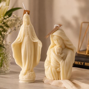 Kaars met afbeelding van de Heilige Maagd Maria, kaars met afbeelding van het kindje Jezus, religieuze kaars, katholiek cadeau, christelijke decoratie, sojawaskaars, gebedscadeau