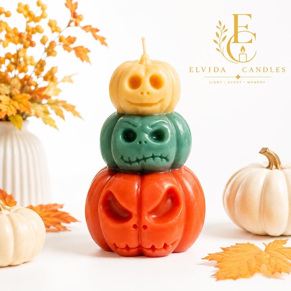 Halloween Stacked Pumpkin Candle, Spooky Jack O Lantern Soy Wax Candle, Fall Home Decor, Gothic Halloween Decor, Handmade Autumn Gift