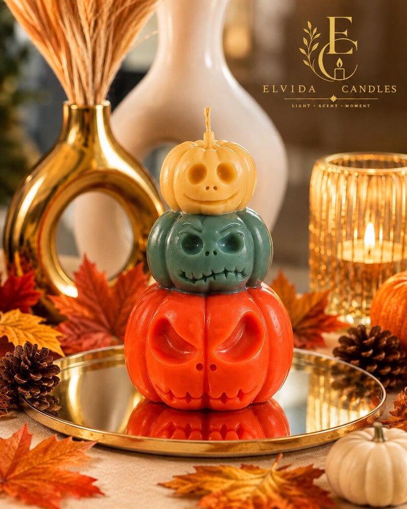 Halloween-Kürbiskerze, gruselige Kürbiskerze aus Sojawachs, Herbstdeko, Gothic-Halloween-Deko, handgefertigtes Herbstgeschenk Bild 5