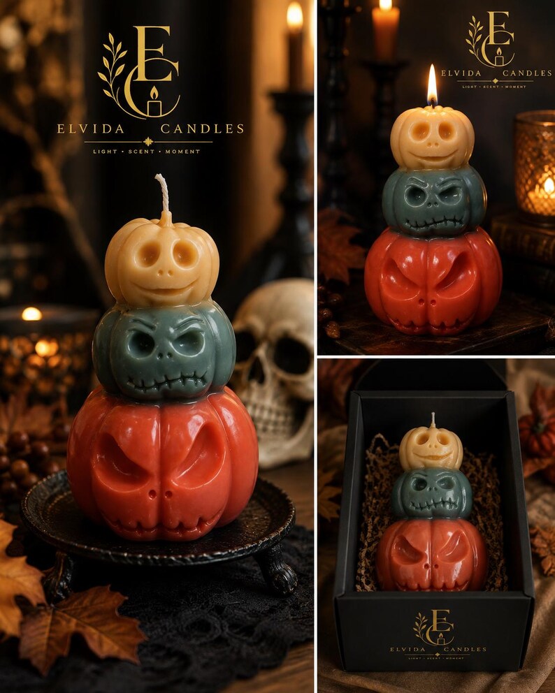Halloween-Kürbiskerze, gruselige Kürbiskerze aus Sojawachs, Herbstdeko, Gothic-Halloween-Deko, handgefertigtes Herbstgeschenk Bild 4